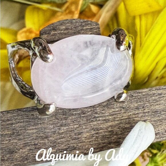 Raw pink quartz silver cute gem ring cushion cut. - Picture 1 of 3